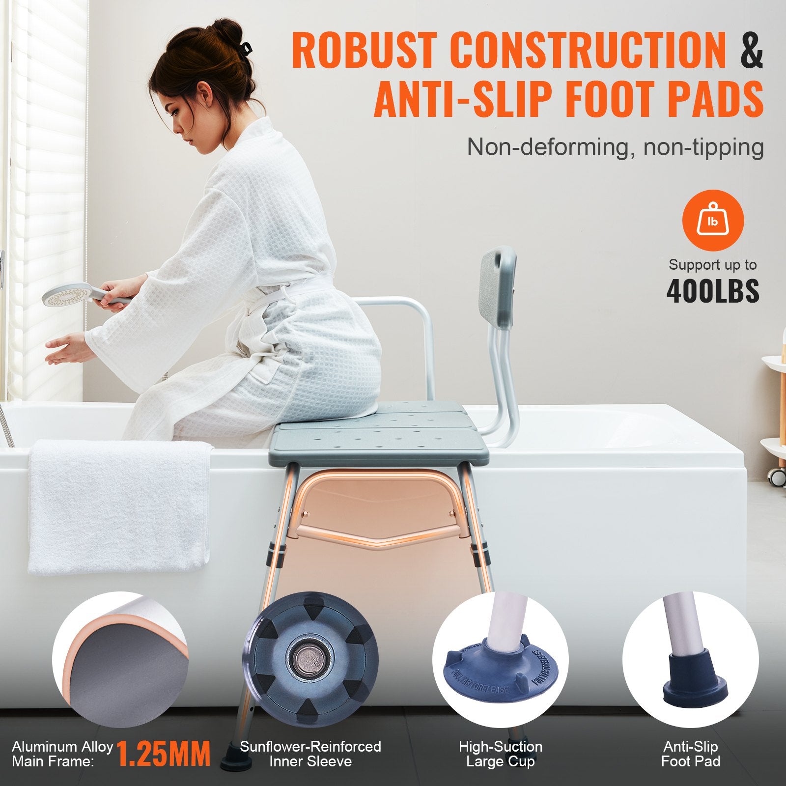 Person using a bathtub step with text highlighting robust construction and anti-slip features.