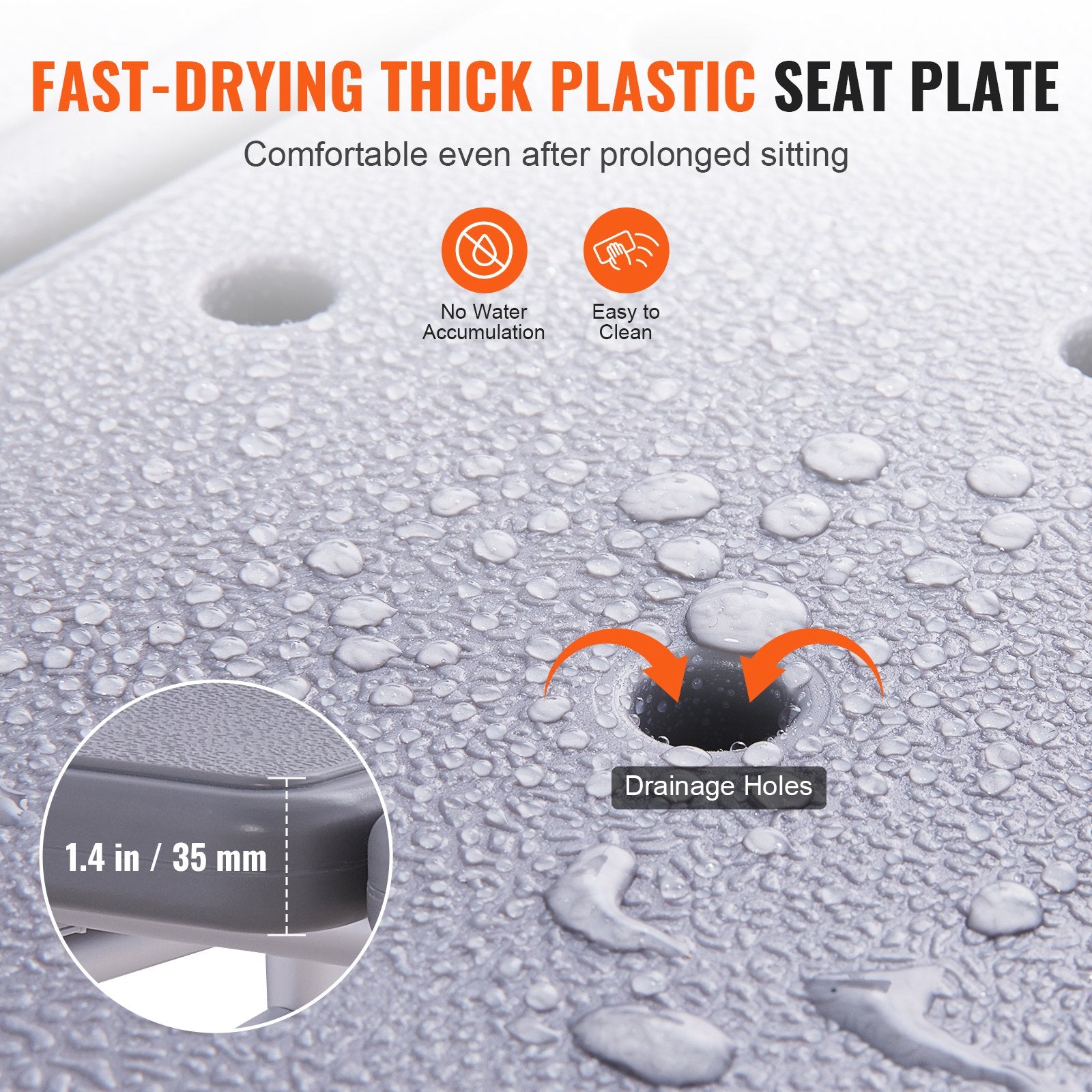 Fast-drying thick plastic seat plate with drainage holes and water accumulation prevention features.