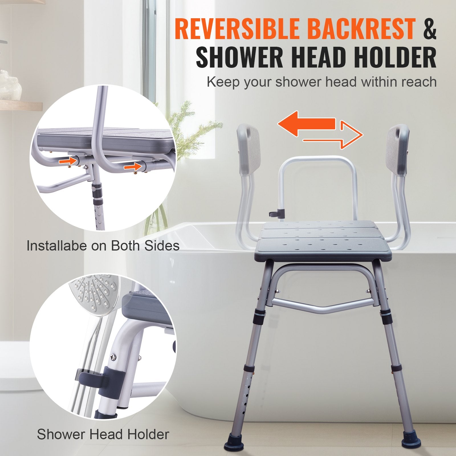 Shower chair with reversible backrest and shower head holder in a bathroom setting.