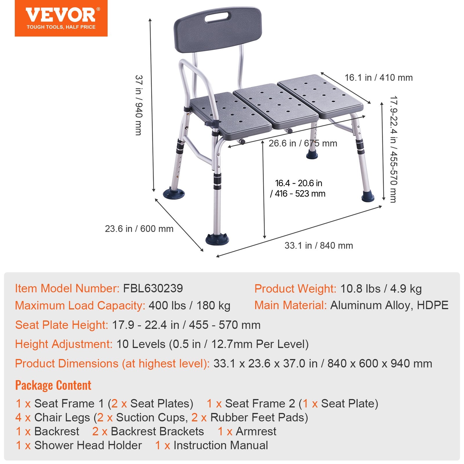 Vevor adjustable bathtub seat with dimensions and feature details on a white background