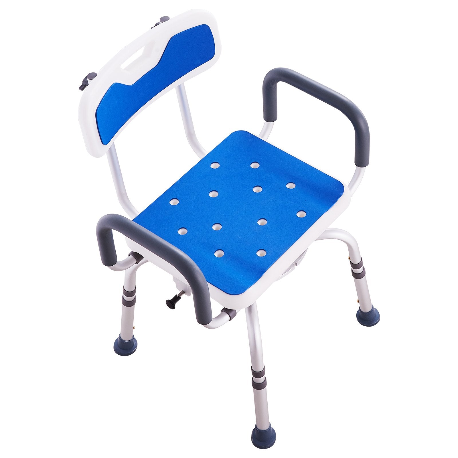 Blue and white shower chair with gray arms and legs on a white background