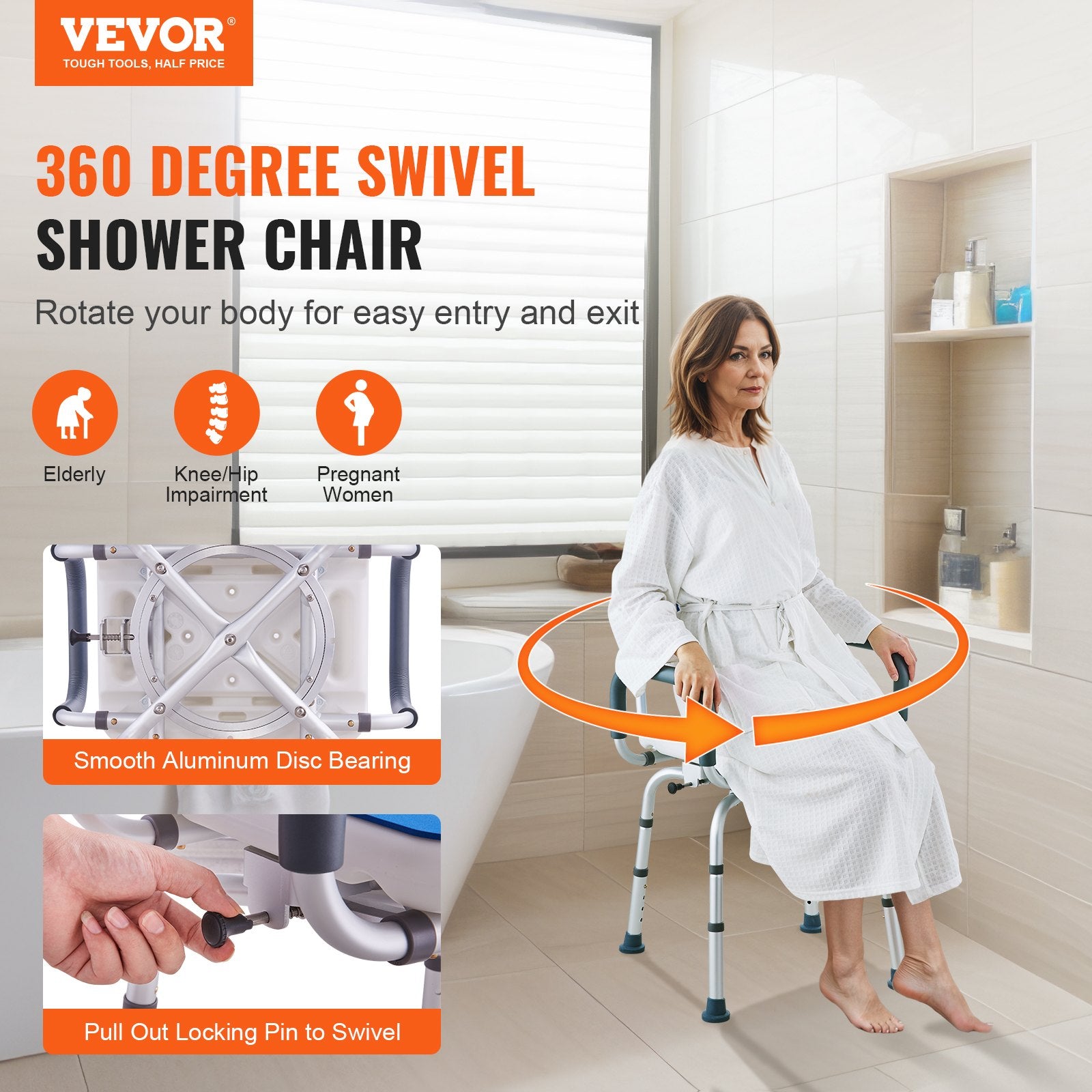 360 Degree Swivel Shower Chair with Vevor branding, showing a woman using it in a bathroom.