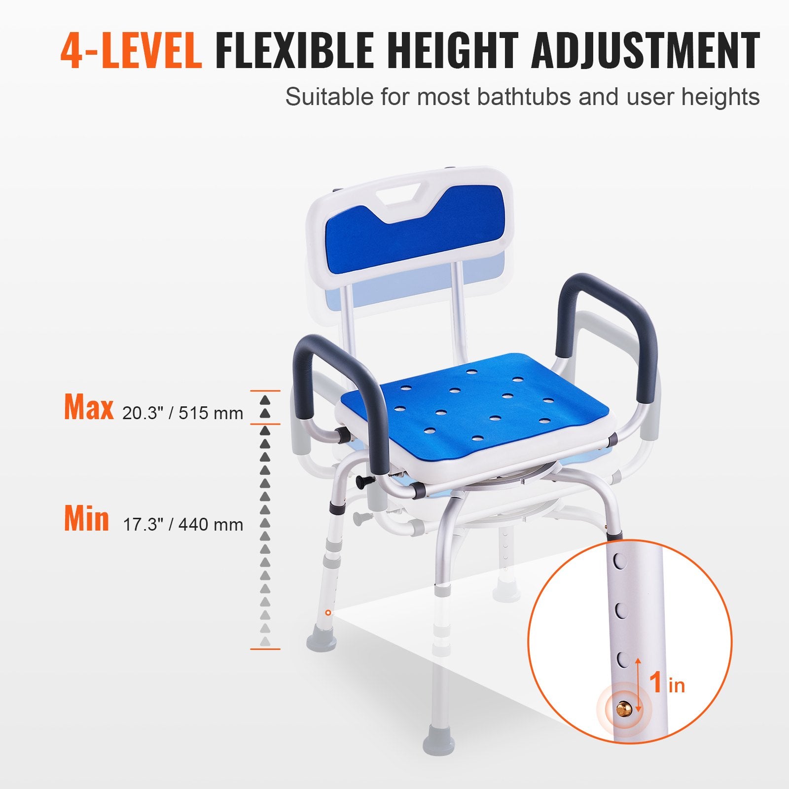 Blue and white adjustable shower chair with height adjustment details on a white background