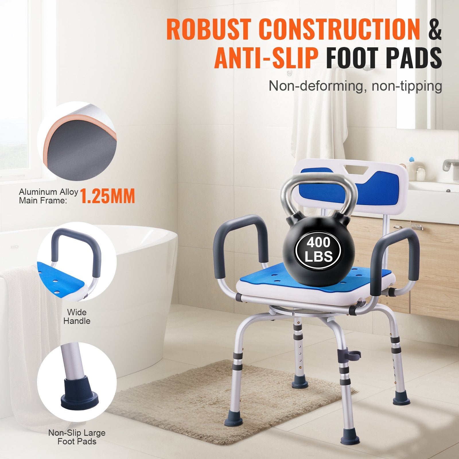 Bathroom safety chair with anti-slip foot pads and robust construction features, shown in a bathroom setting.