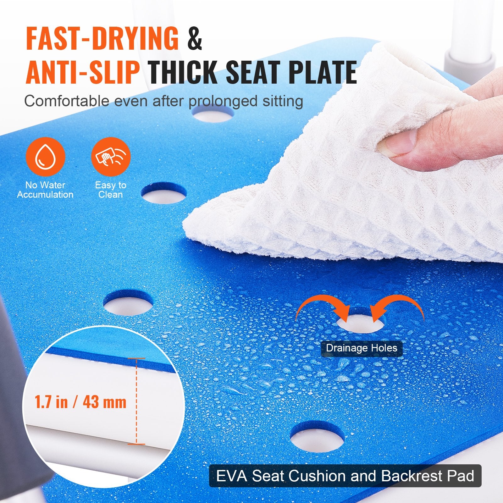 Blue EVA seat cushion with text highlighting features like fast-drying, anti-slip, and drainage holes.