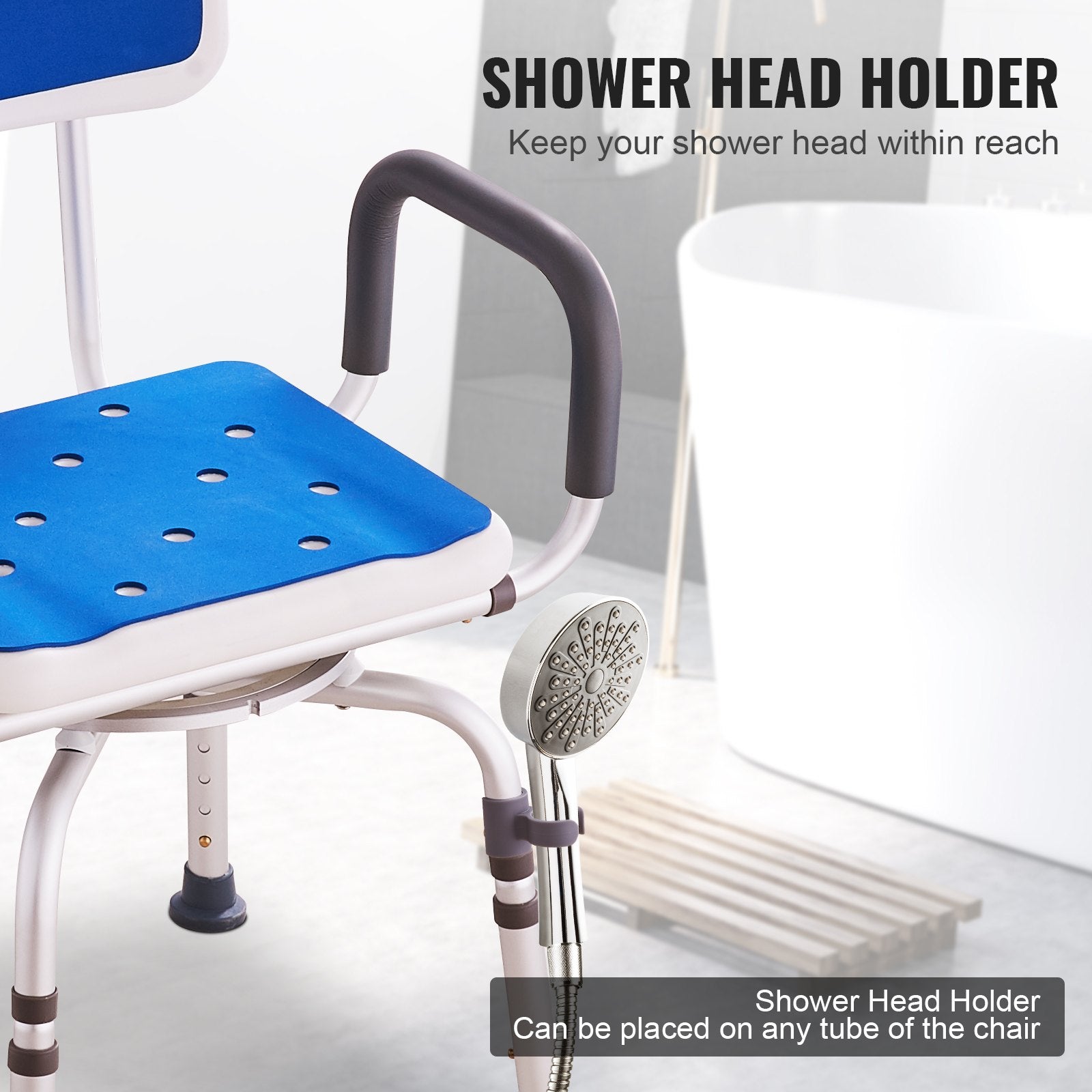Shower head holder attached to a chair with text indicating its use.