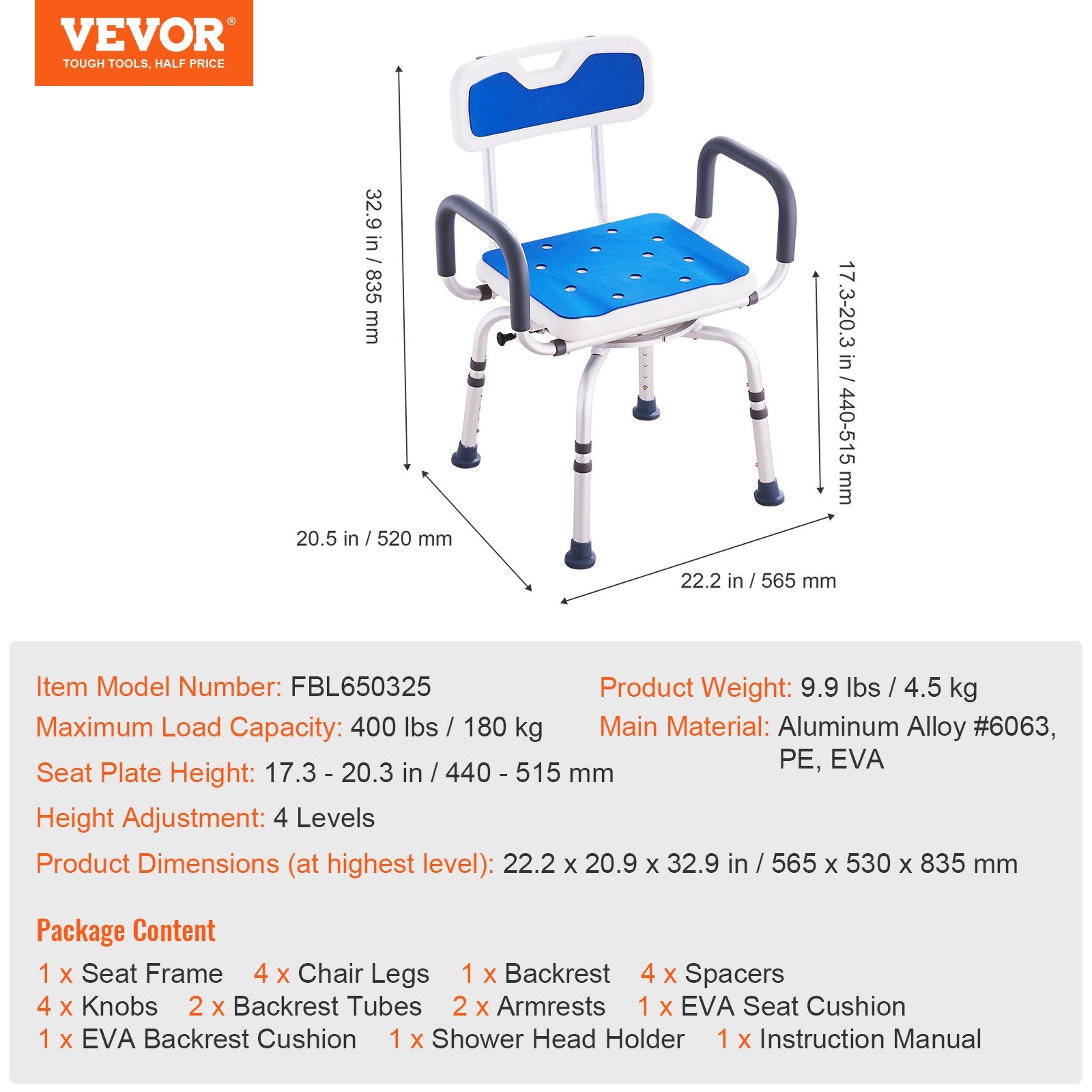 Vevor bathroom safety chair with dimensions and specifications on a white background