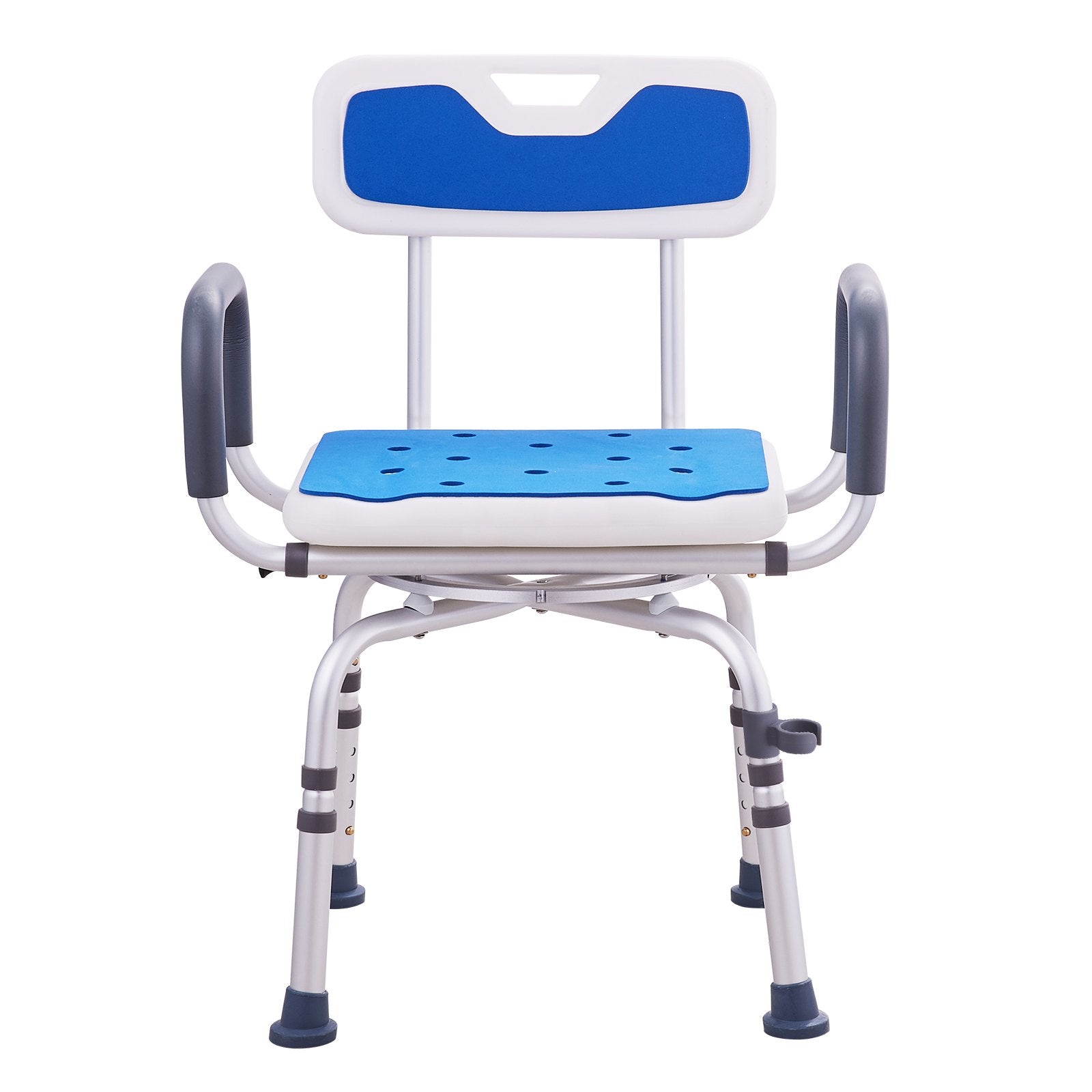 Blue and white shower chair with backrest on a white background