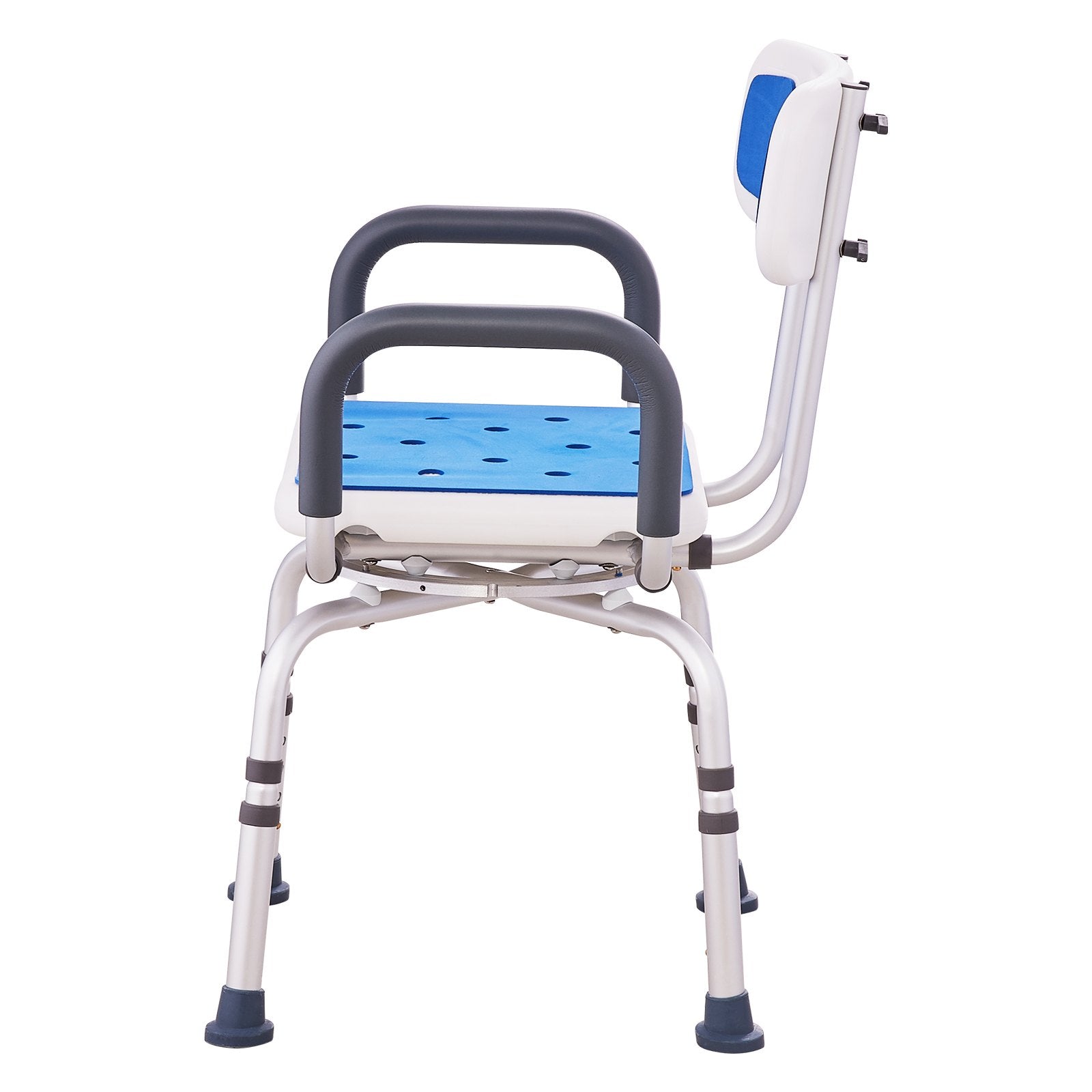 Blue and gray shower chair with armrests on a white background
