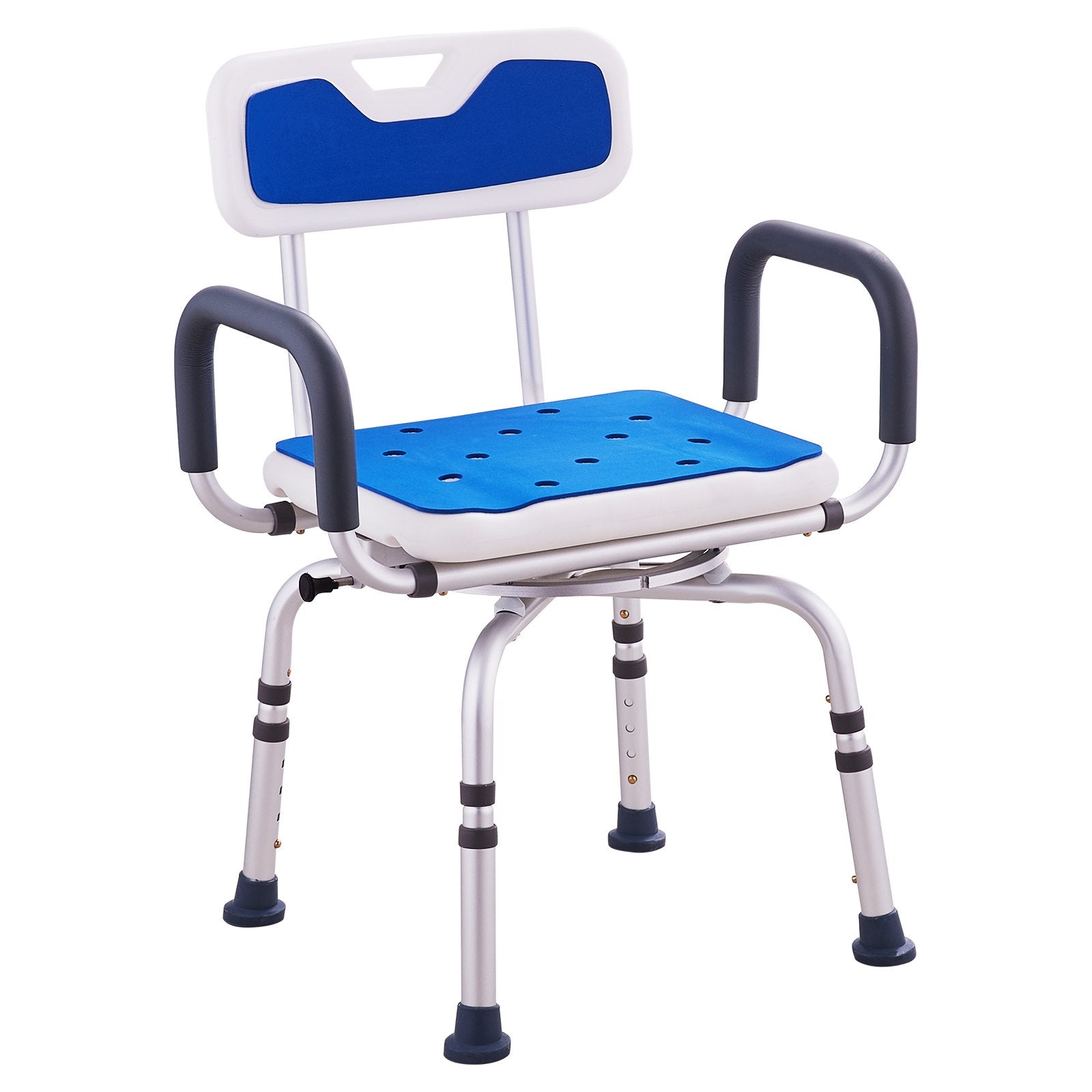 Blue and white adjustable shower chair with backrest on a white background