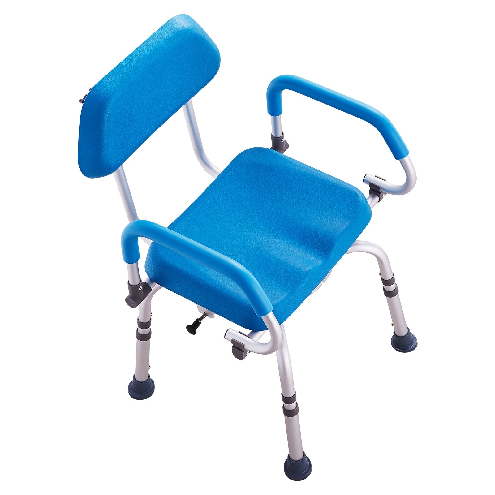 Blue shower chair with backrest and armrails on a white background