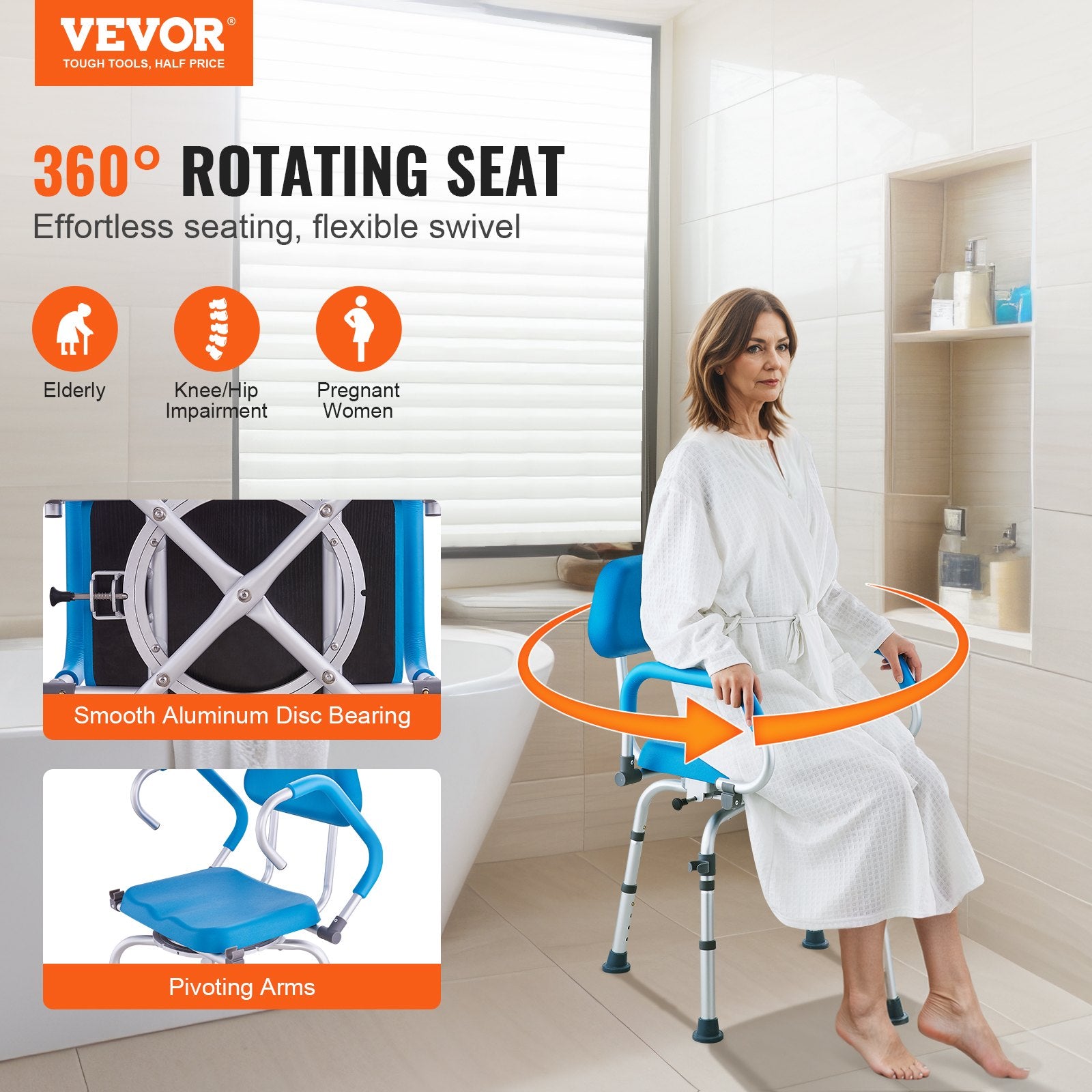 Woman using a VEVOR 360° rotating seat in a bathroom setting.