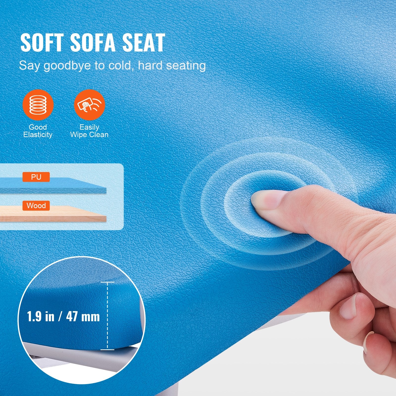 Blue soft sofa seat with hand pressing it, showing features like elasticity and ease of cleaning.