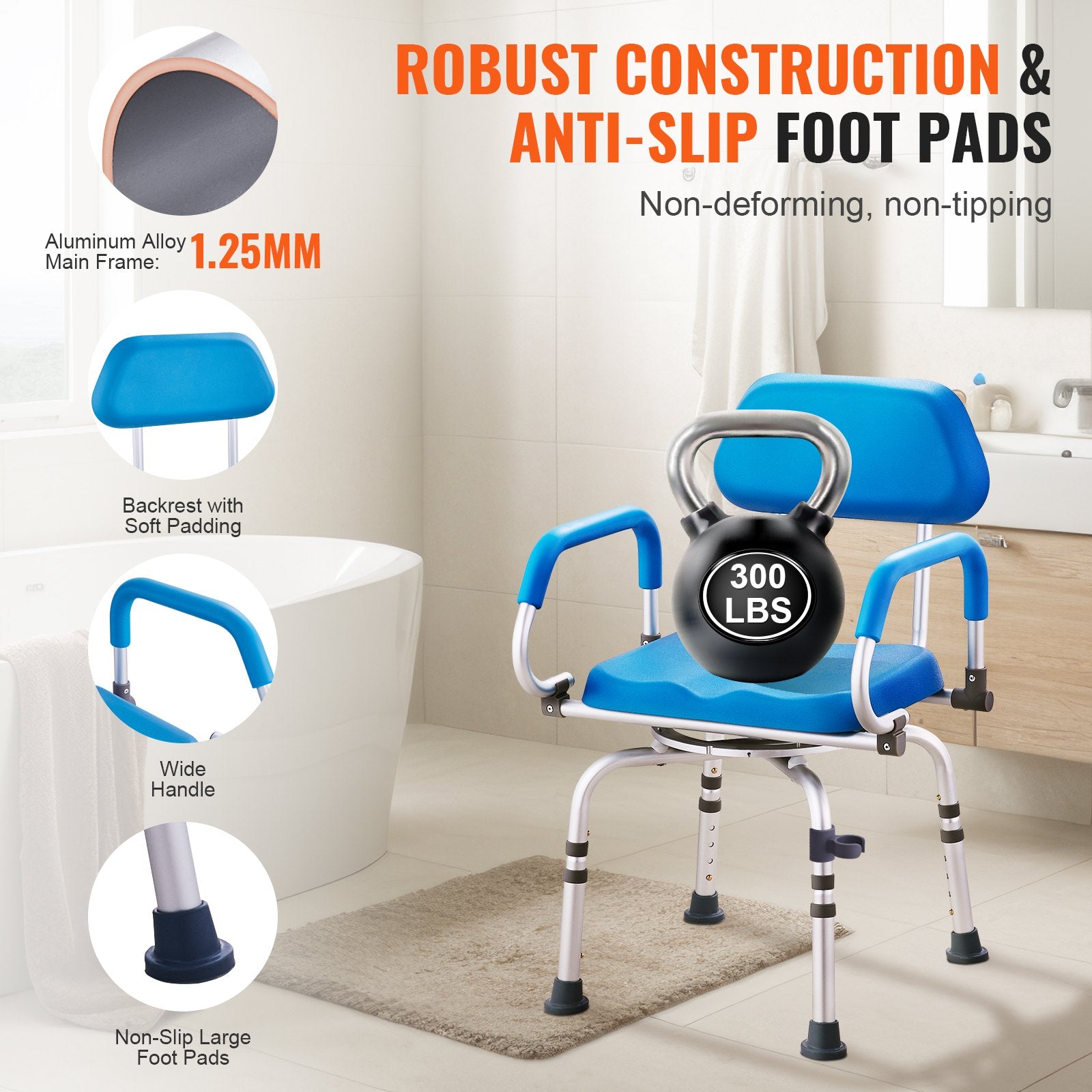 Blue shower chair with anti-slip foot pads and robust construction features in a bathroom setting.