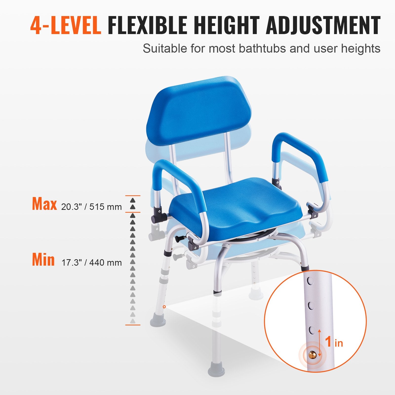 Blue shower chair with height adjustment feature on a white background