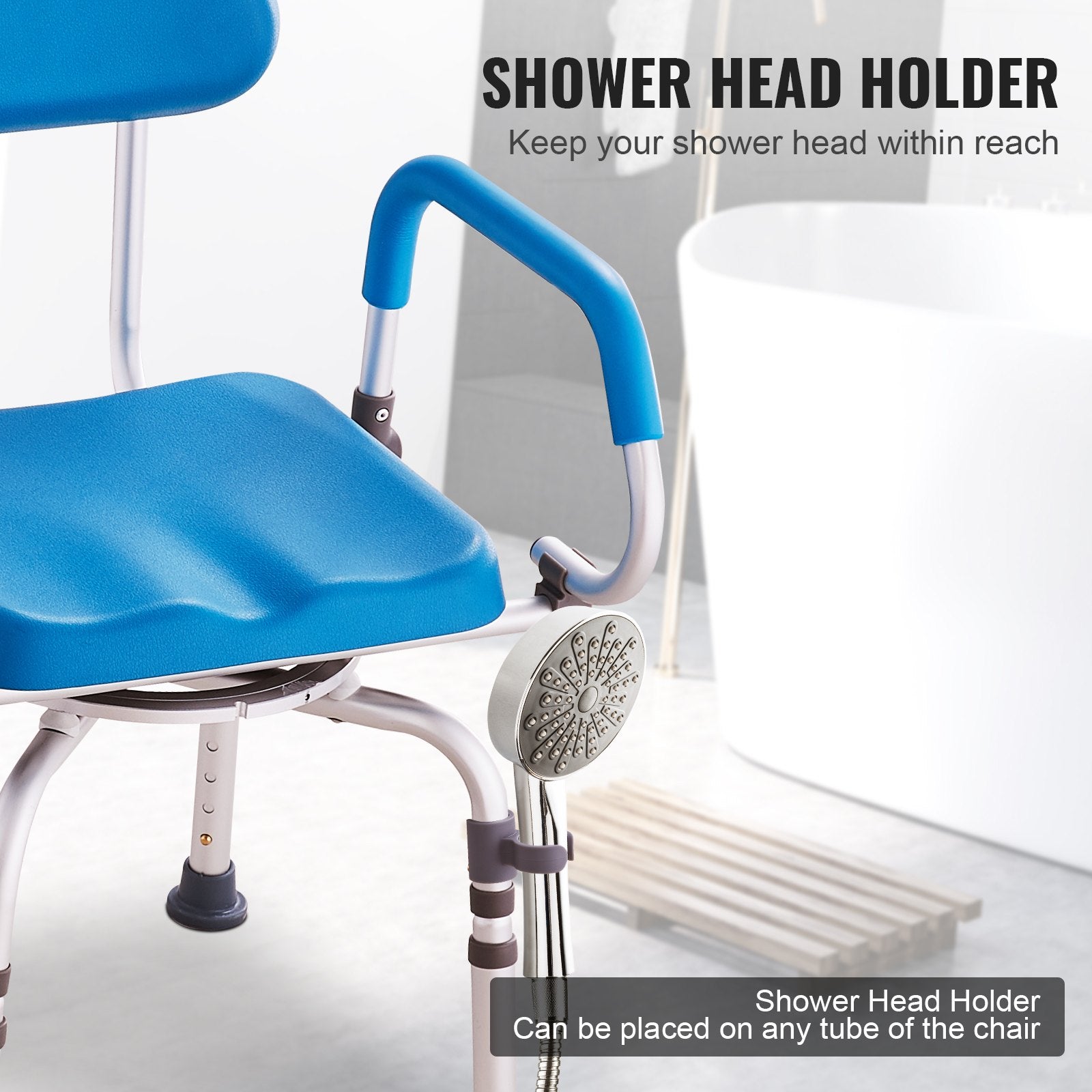 Blue shower chair with a shower head holder attached, showing how to keep the shower head within reach.