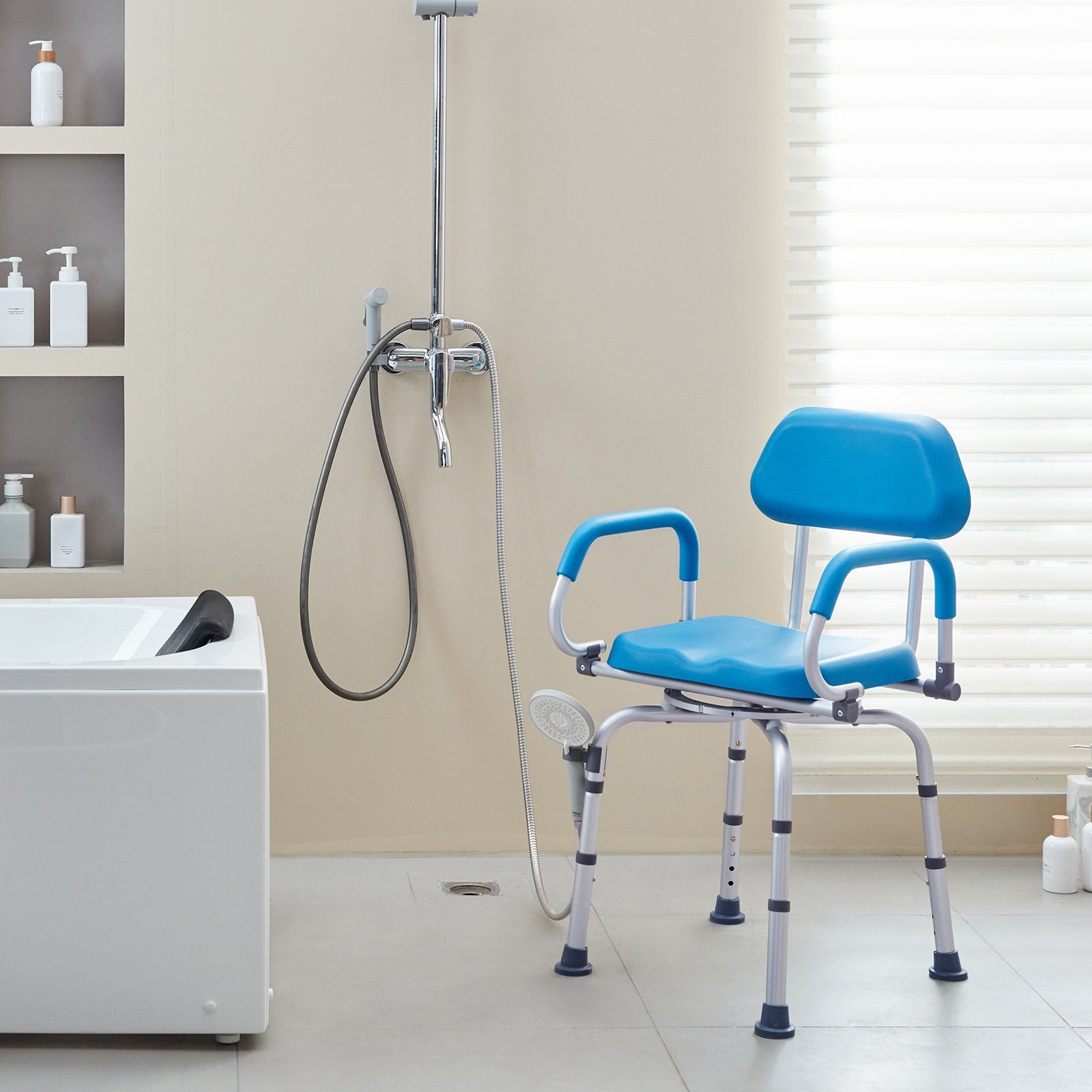 Blue shower chair in a bathroom setting with a bathtub and shower fixtures.