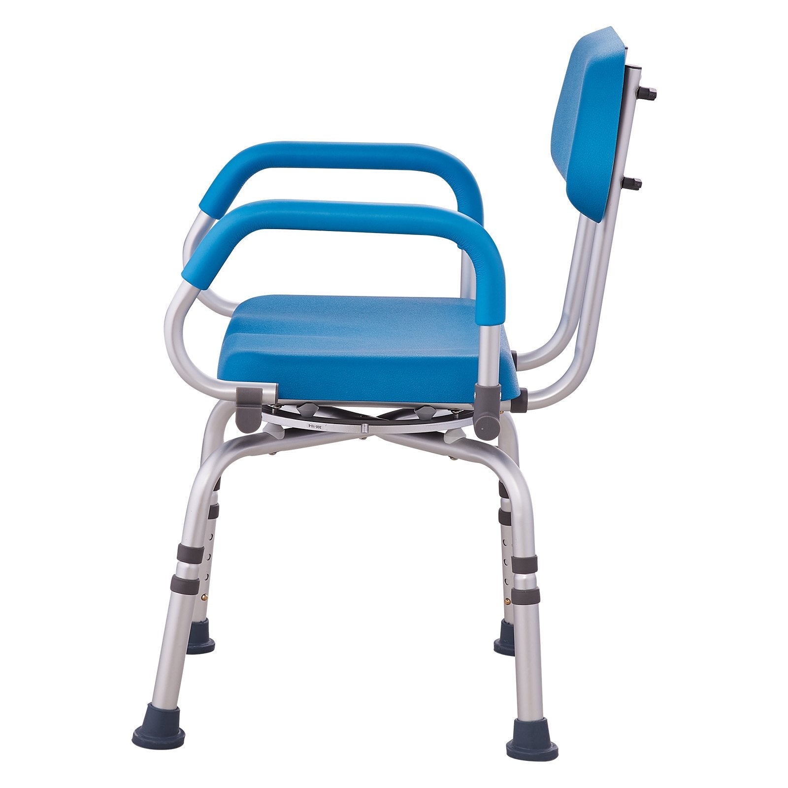 Blue shower chair with metal frame on a white background