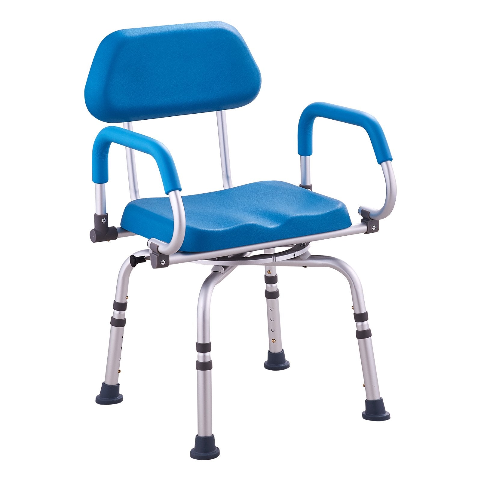 Blue shower chair with backrest and armrests on a white background
