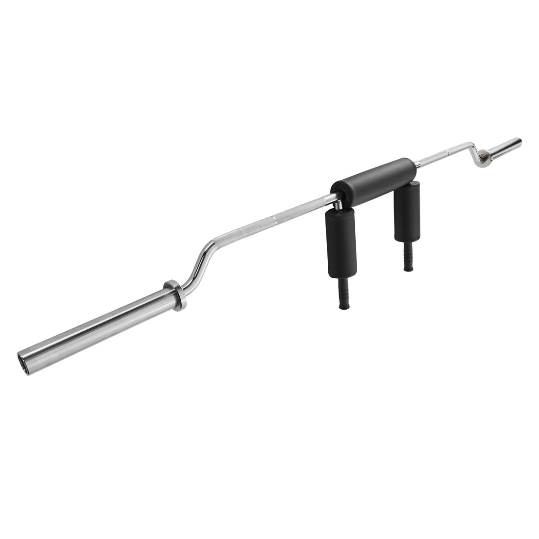 Curved barbell with black handles on a white background