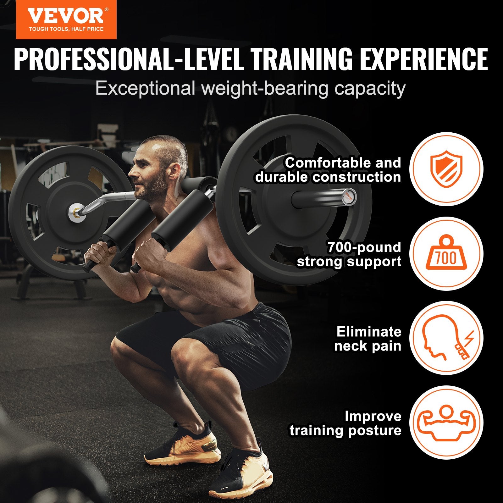 Person lifting weights with VEVOR branding and product features highlighted