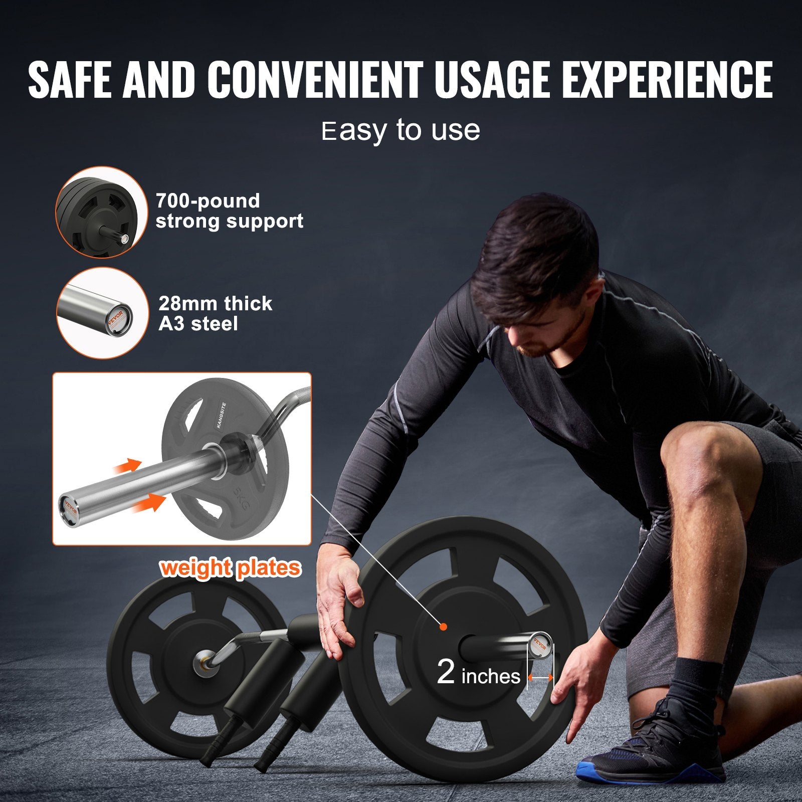 Person assembling a weightlifting barbell with text highlighting features on a dark background