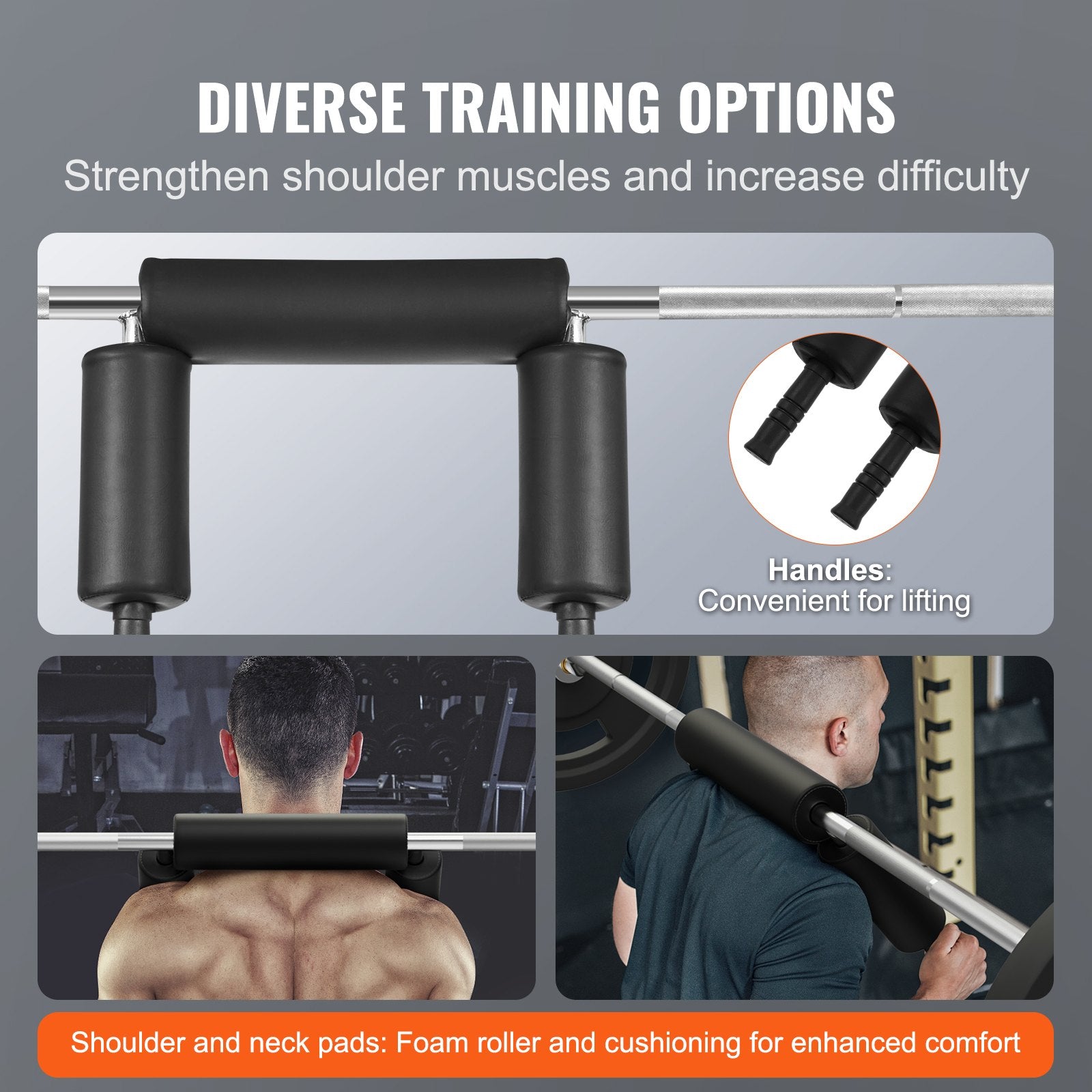 Gym equipment with handles and shoulder pads for shoulder muscle training.