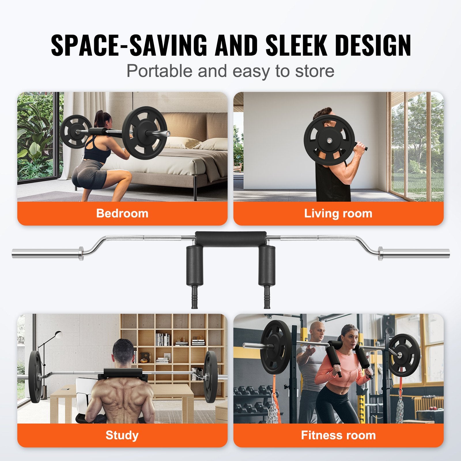 Fitness barbell with weight plates shown in various indoor settings.