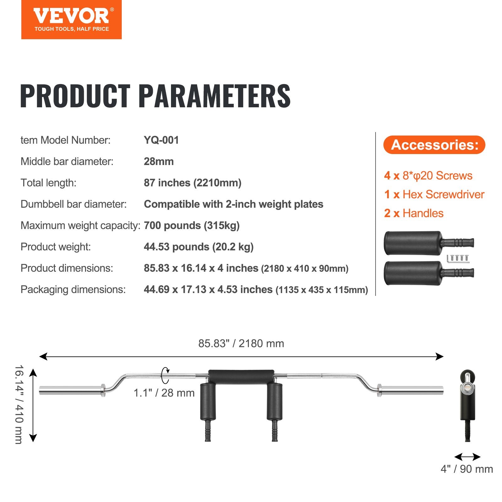 Vevor product parameters for a weightlifting bar on a white background