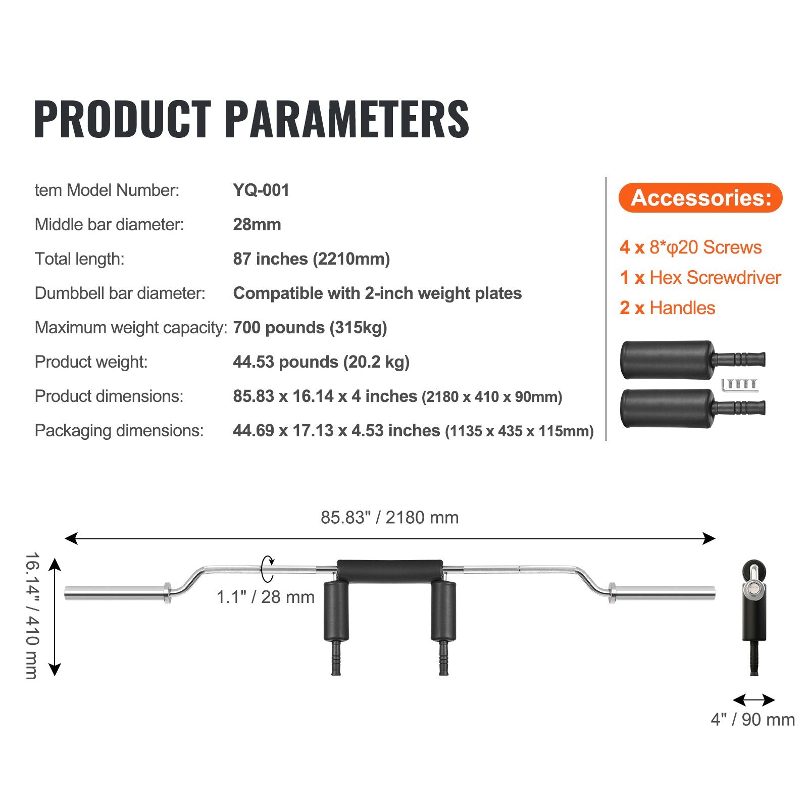 Product parameters of a weightlifting bar with accessories listed on a white background.