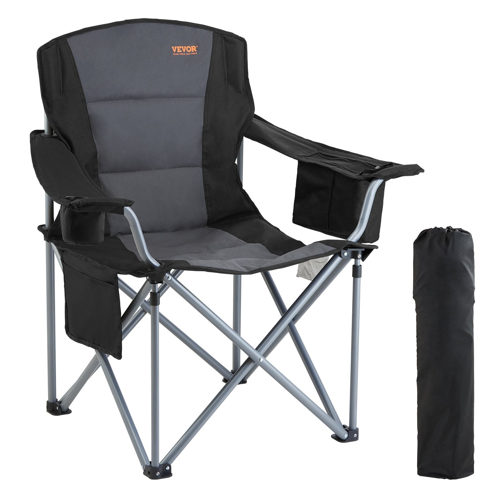 Foldable camping chair with black and gray design, featuring Vevor branding, on a white background.