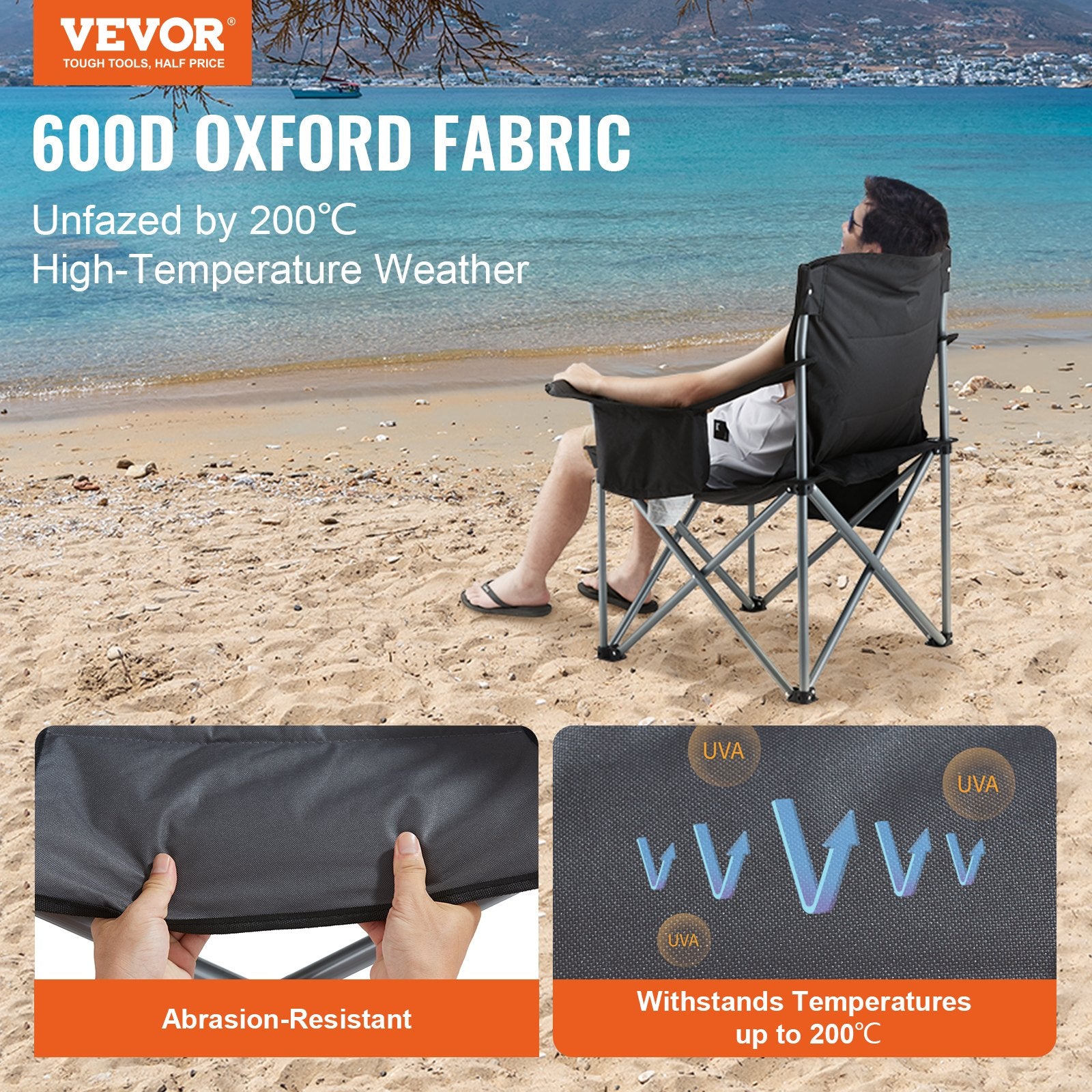 Person sitting on a VEVOR camping chair on a beach with text about fabric properties.