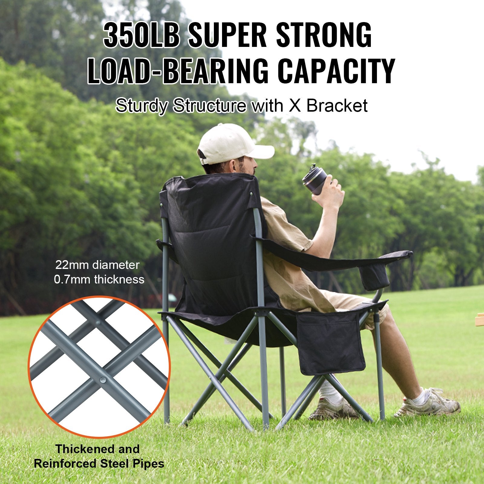 Person sitting in a black camping chair with text highlighting its load-bearing capacity and structural features.