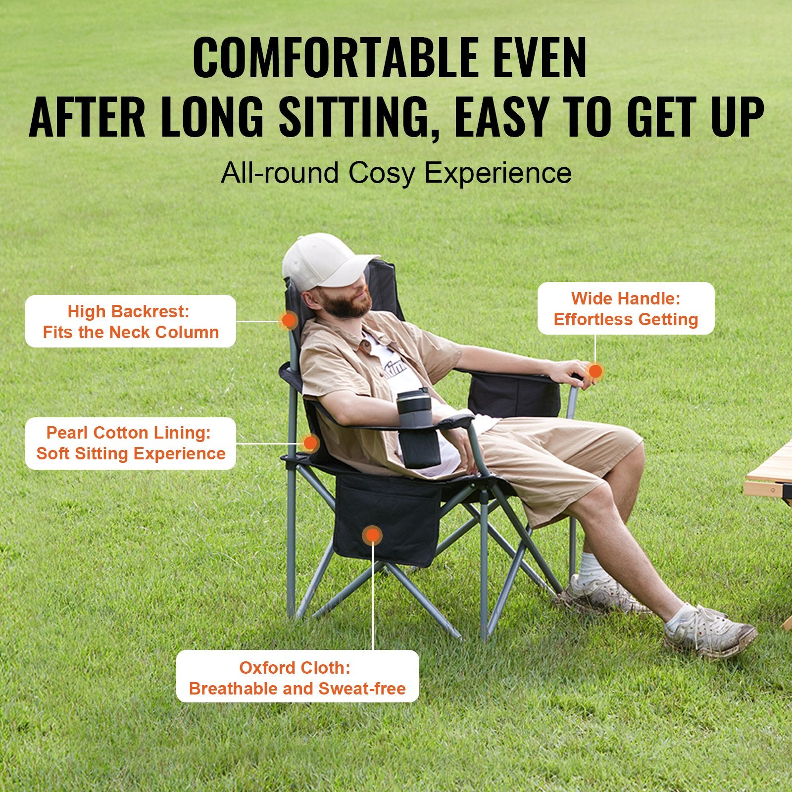 Person sitting in a camping chair on grass with text highlighting features