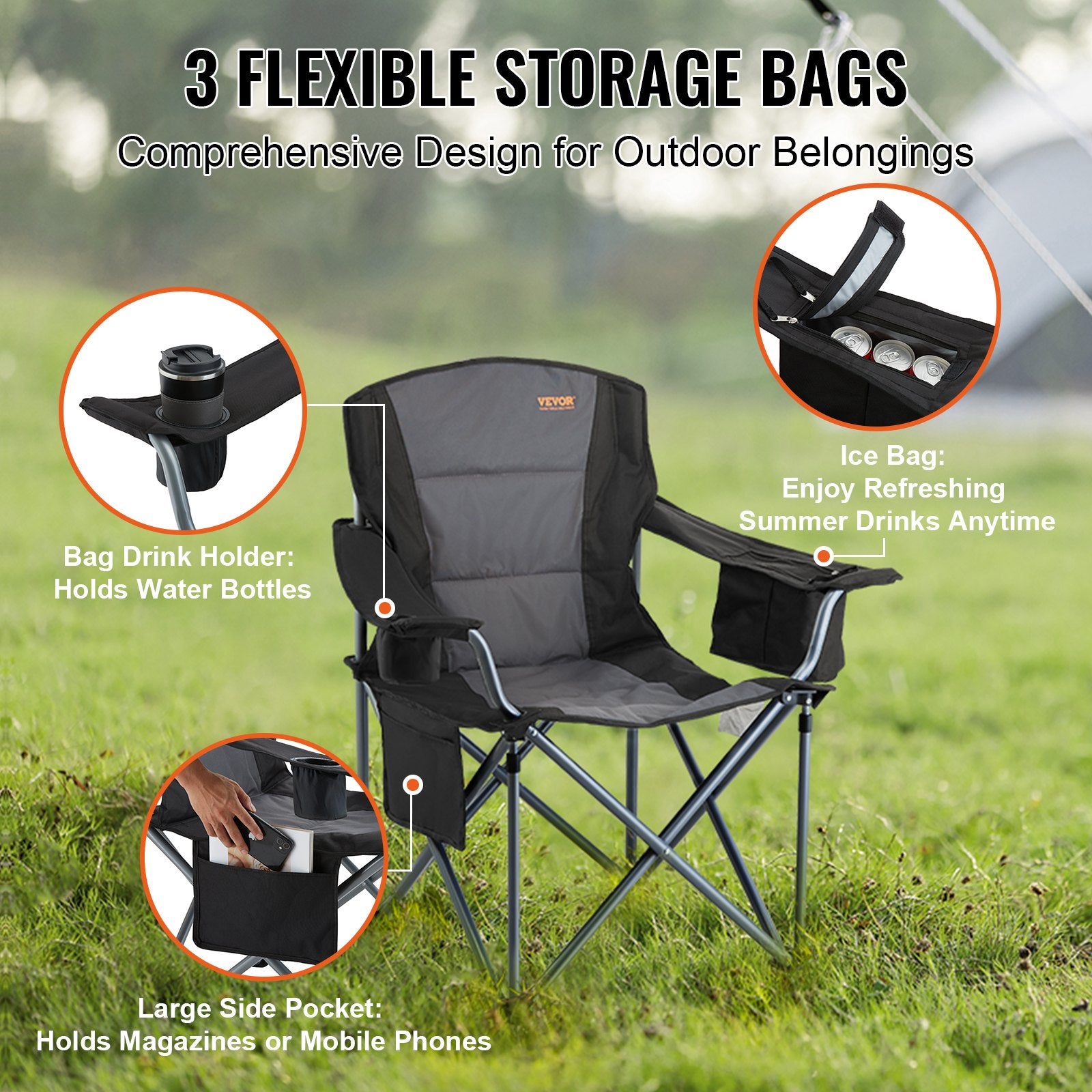 Camping chair with storage bags and features highlighted on a grassy background