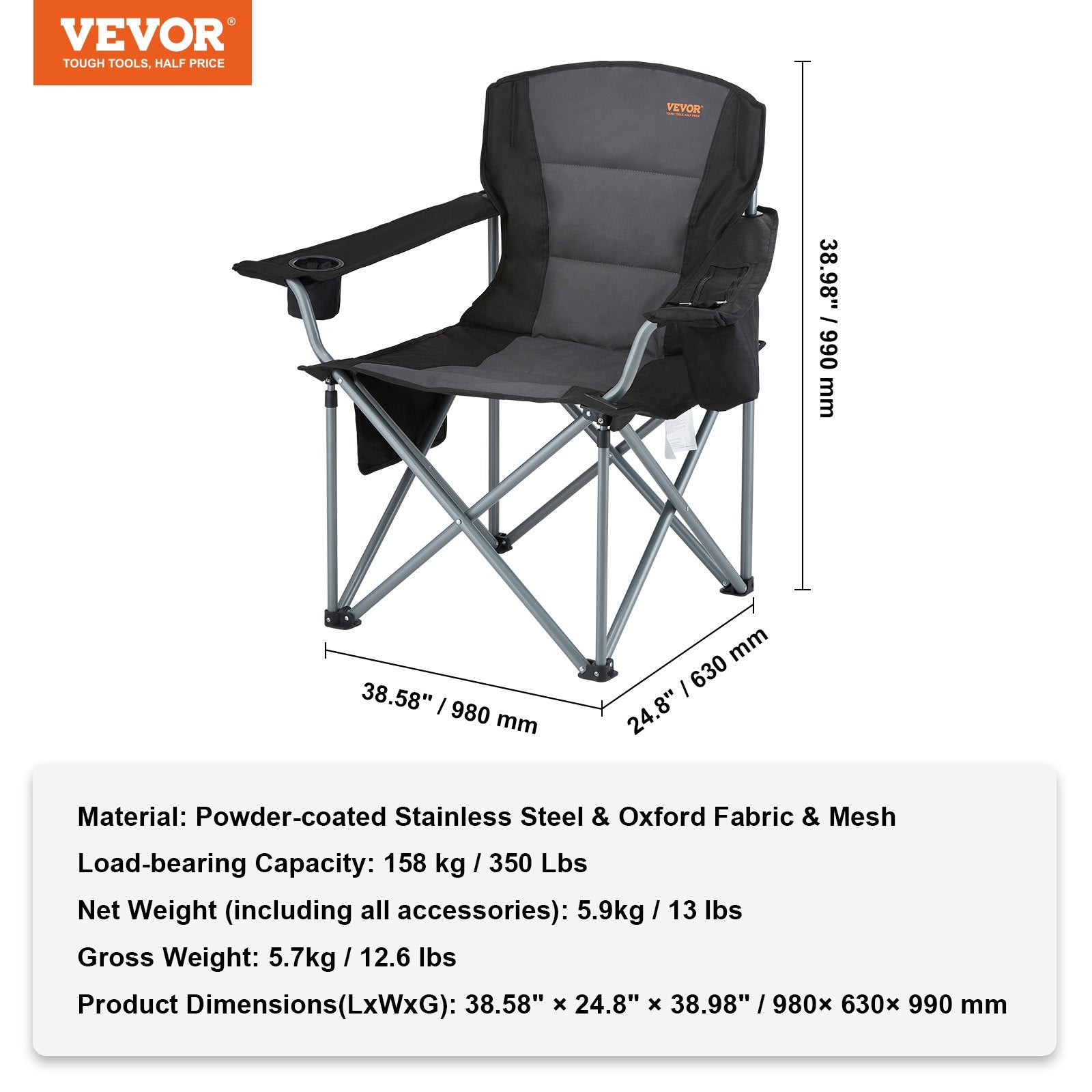 Black camping chair with dimensions and Vevor branding on a white background