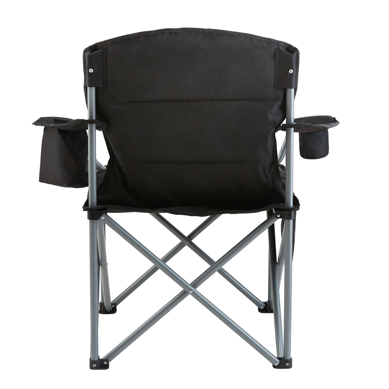Black camping chair with cup holders on a white background