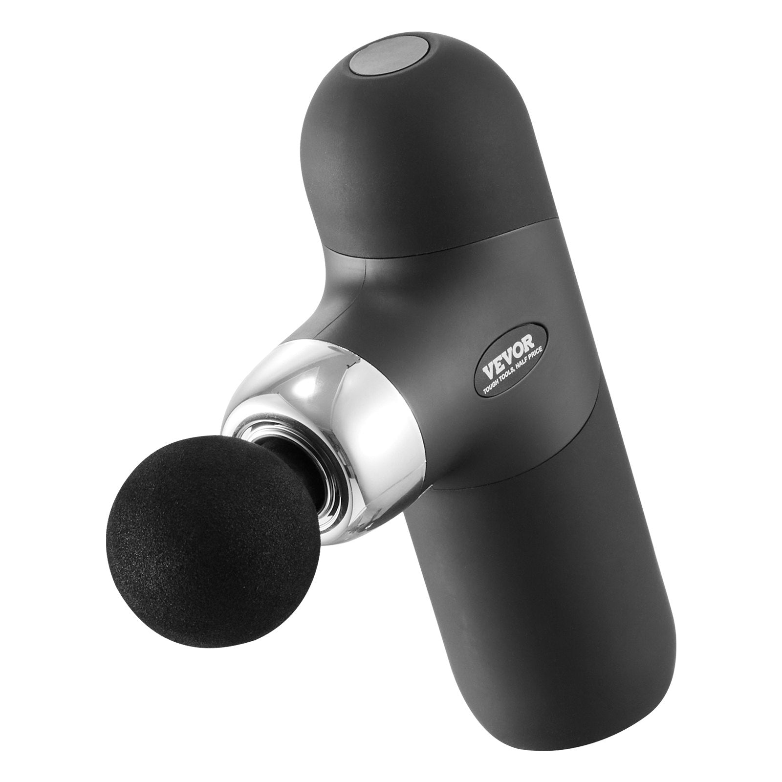 Black massage gun with silver accents on a white background