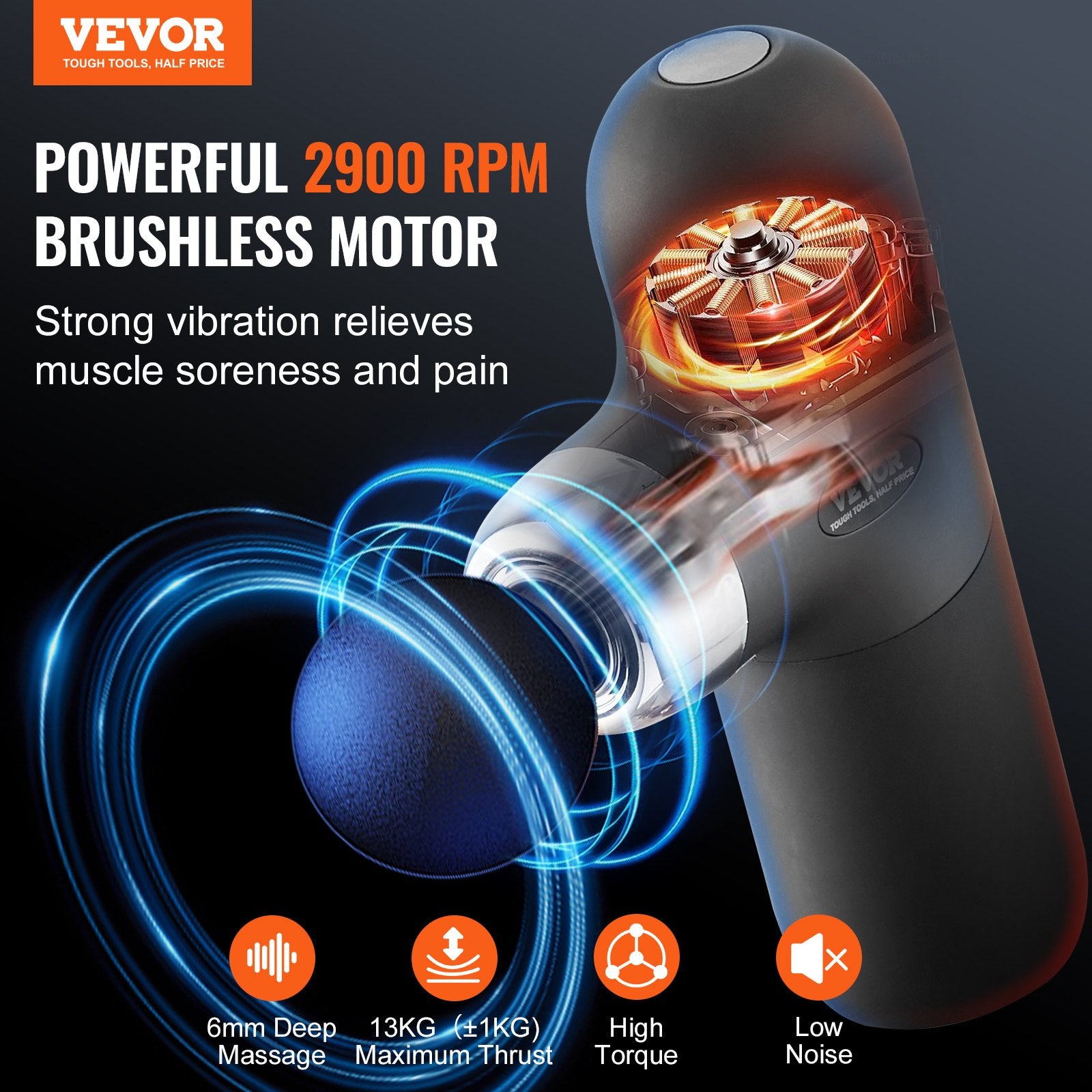 Vigor massage gun with text highlighting features on a dark background