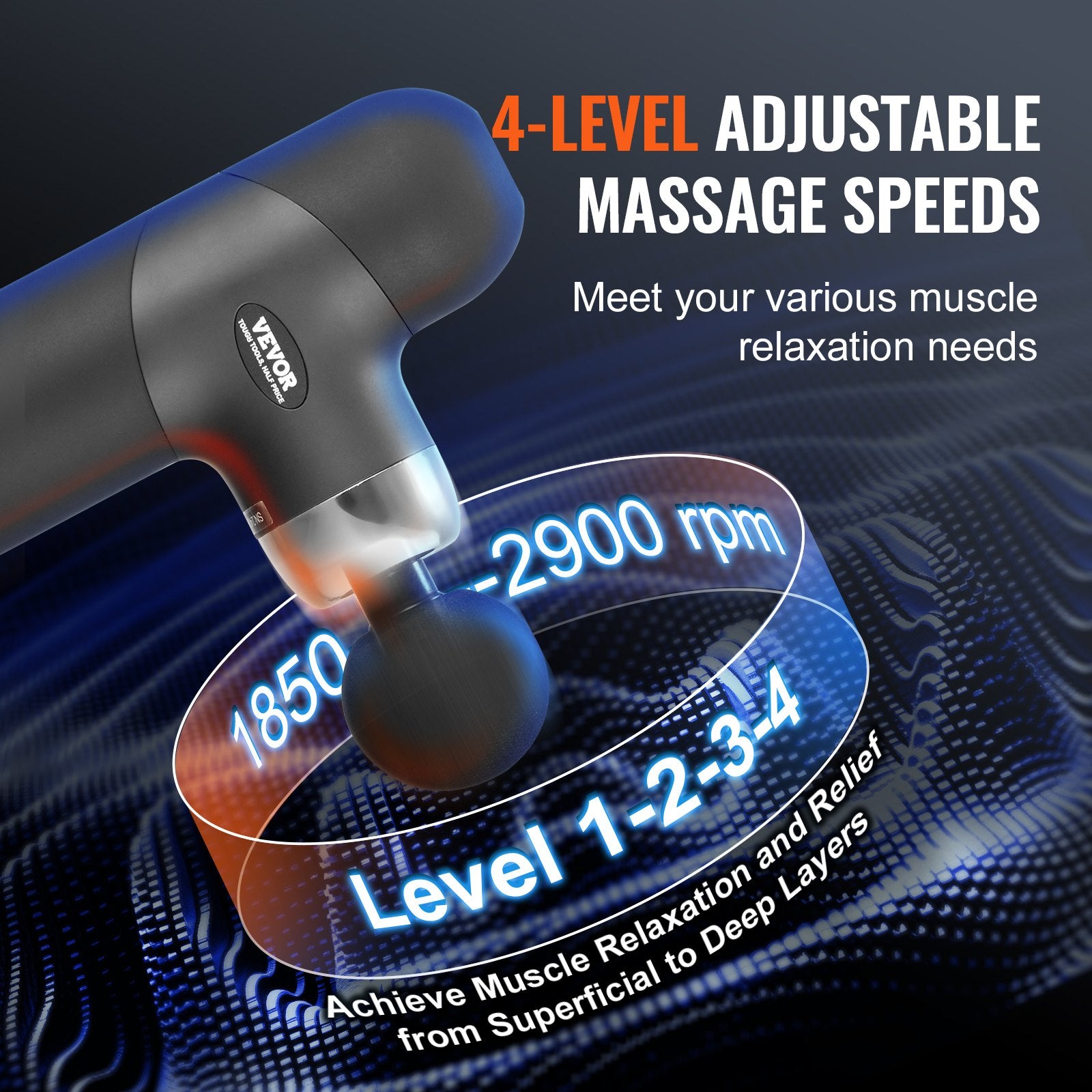 Massage gun with 4-level adjustable speeds on a dark background