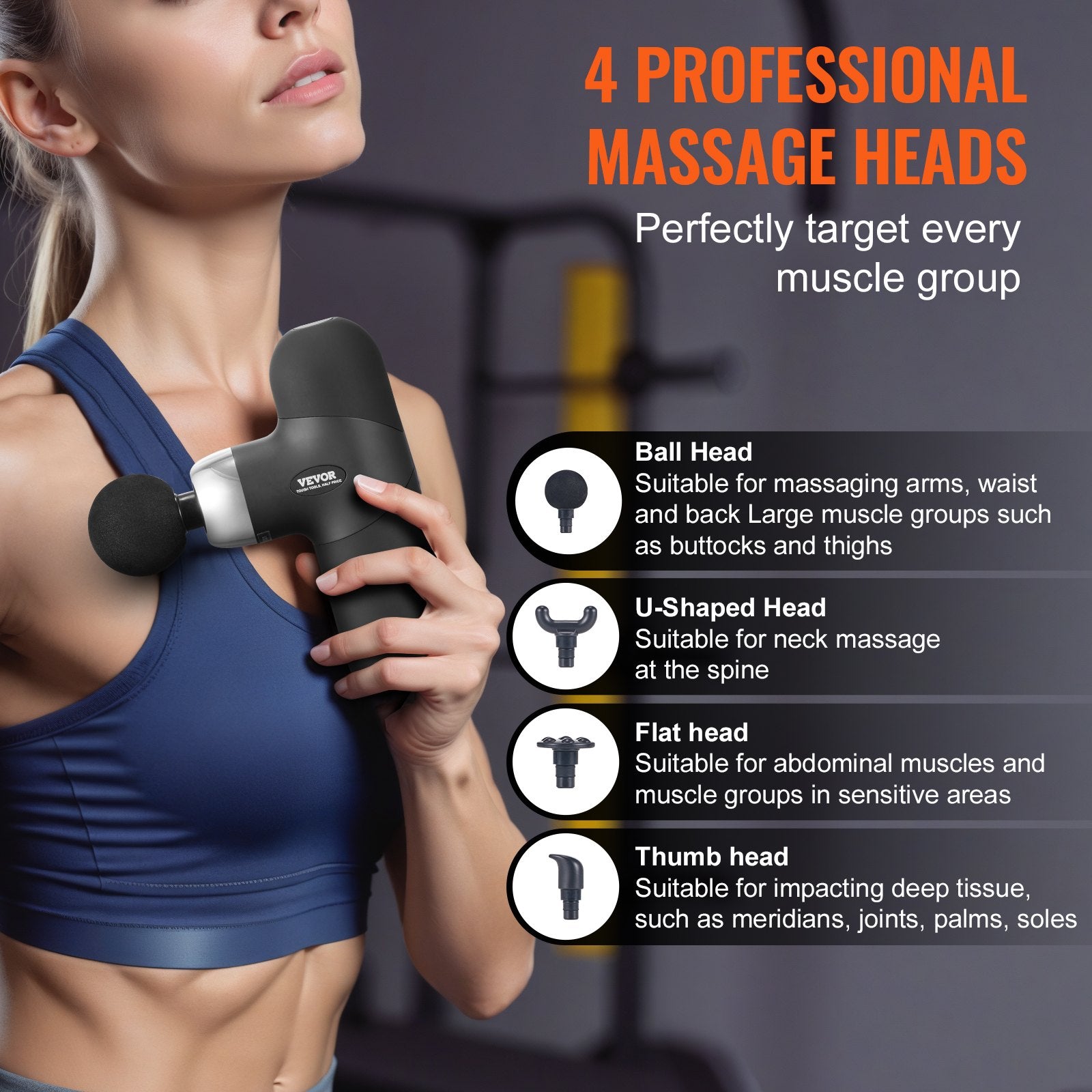 Woman using a massage gun with text detailing four professional massage heads on a dark background