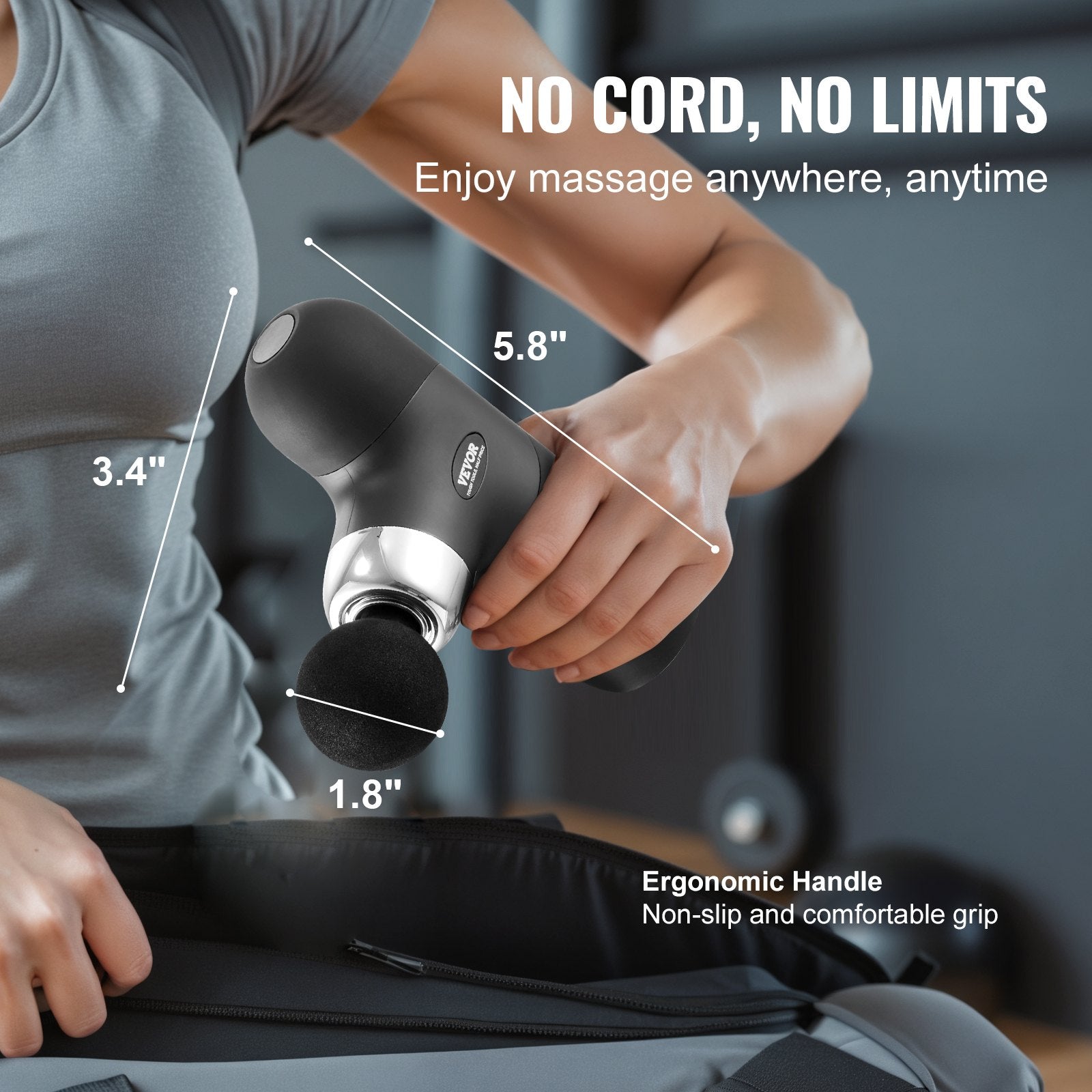 Person using a handheld massage device with measurements and text highlighting features.