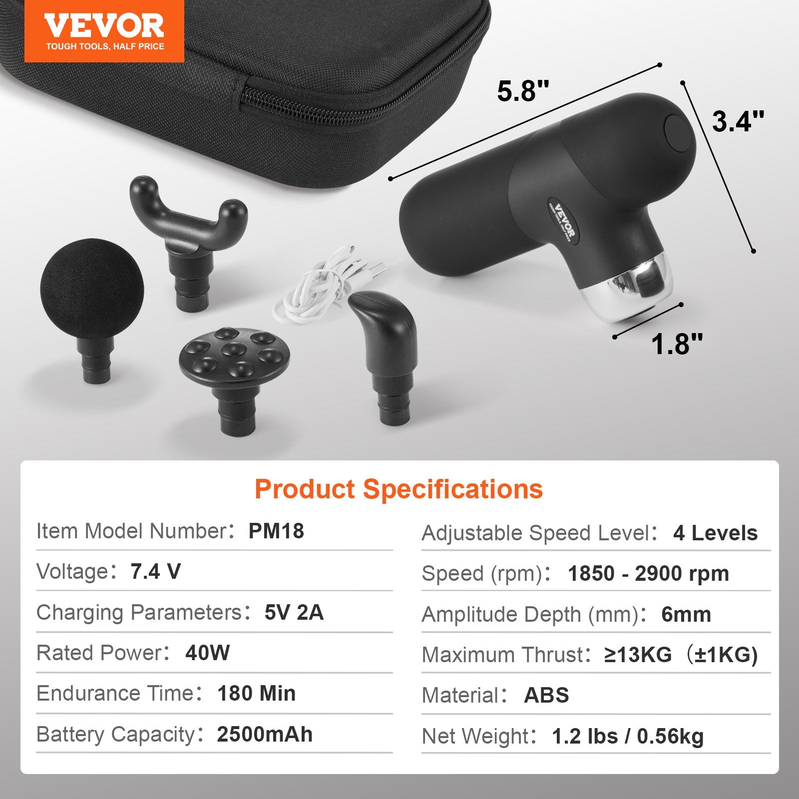 Vevor massage gun with attachments and specifications on a white background