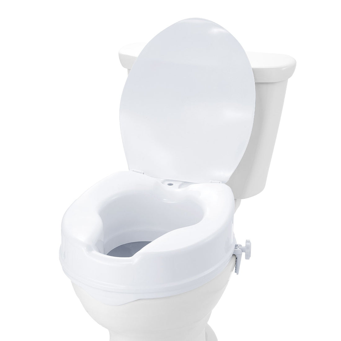 White toilet with an open lid on a white background