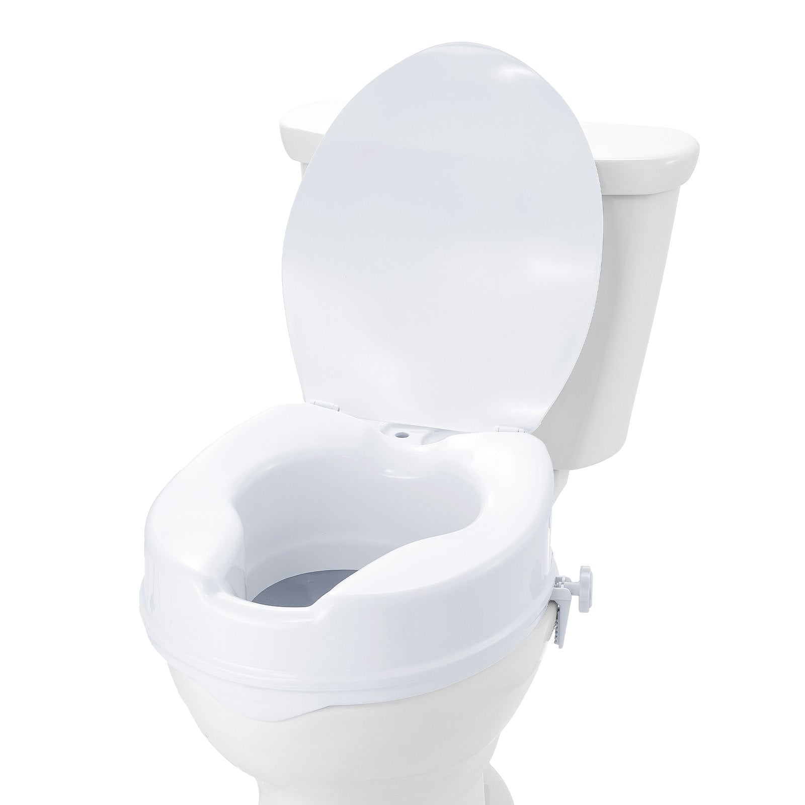 White toilet with an open lid on a white background