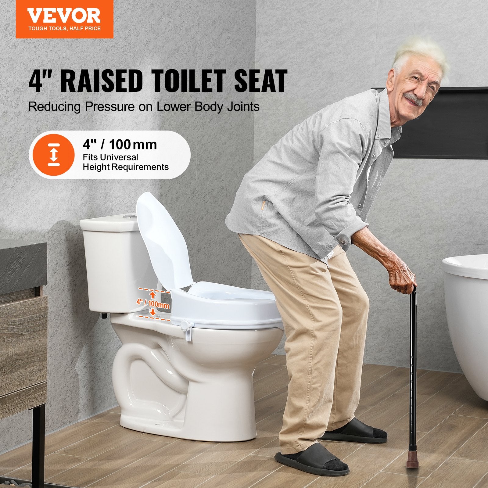 Advertisement for VEVOR 4-inch raised toilet seat with an elderly man using it.