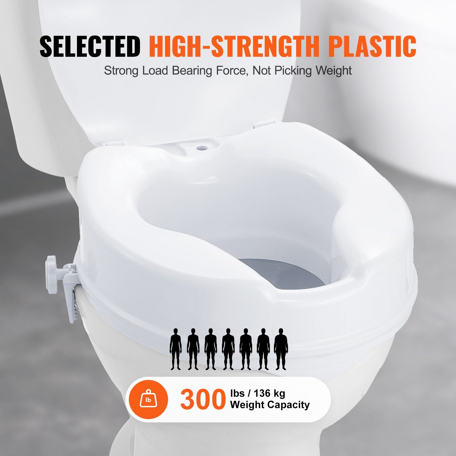 White toilet seat with high-strength plastic feature and weight capacity label on a gray background