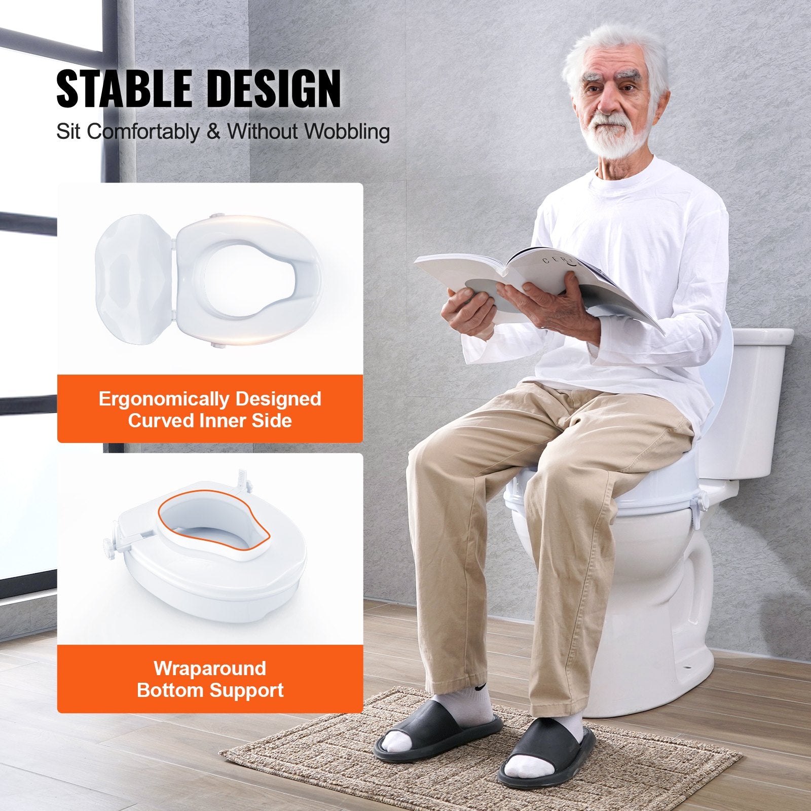 Man sitting on a toilet with a seat cover, surrounded by text highlighting design features.