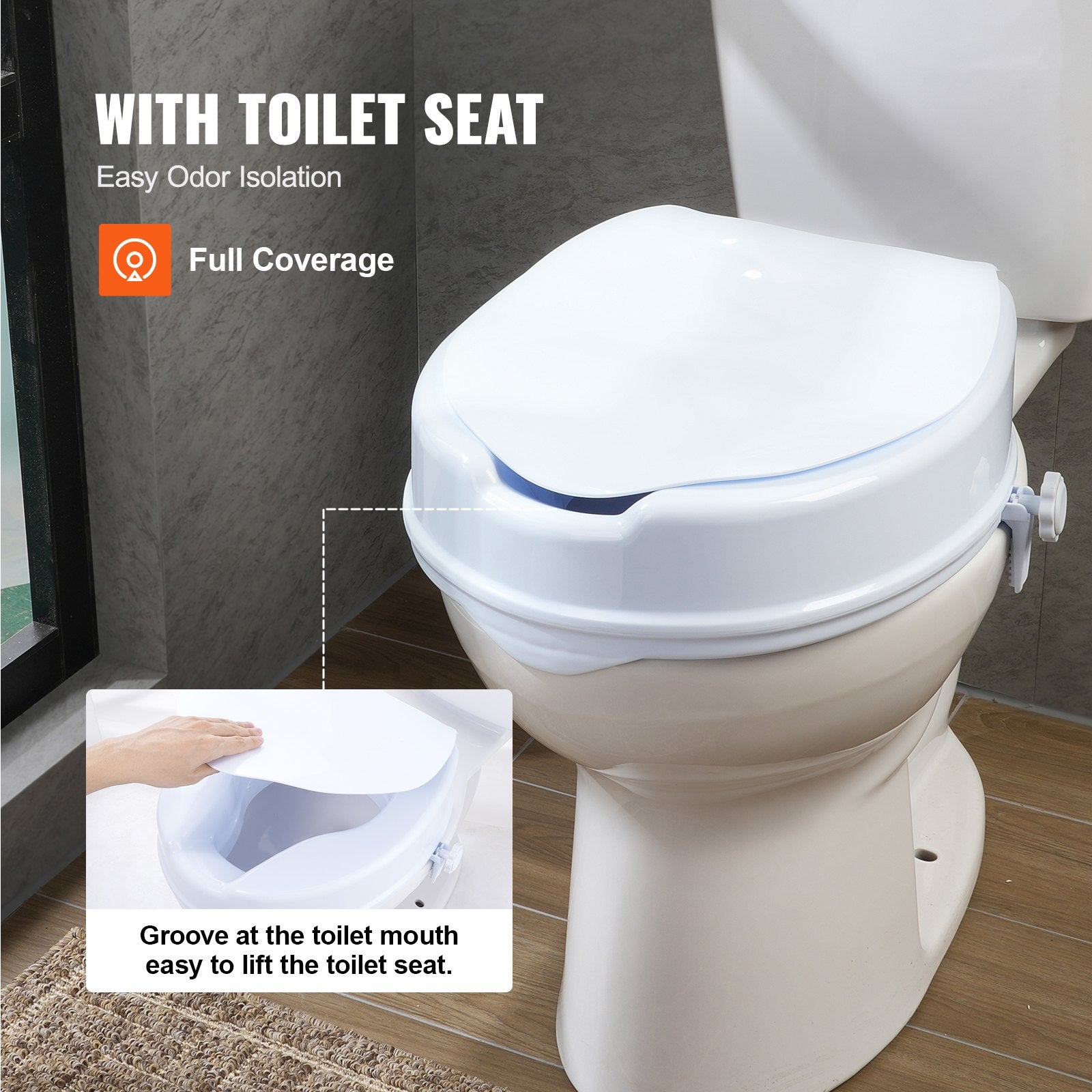 Toilet seat with text highlighting features like easy odor isolation and full coverage.
