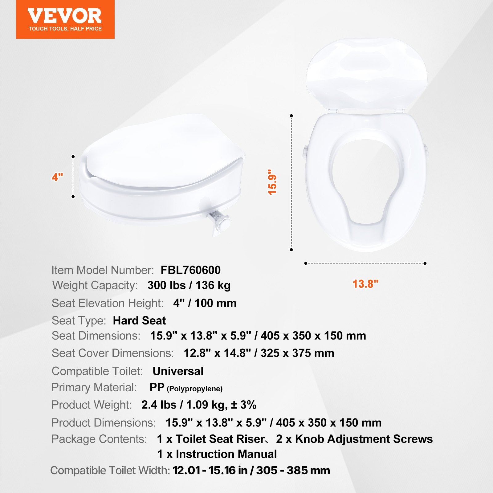 White toilet seat with dimensions and specifications on a gray background, featuring the VEVOR brand.